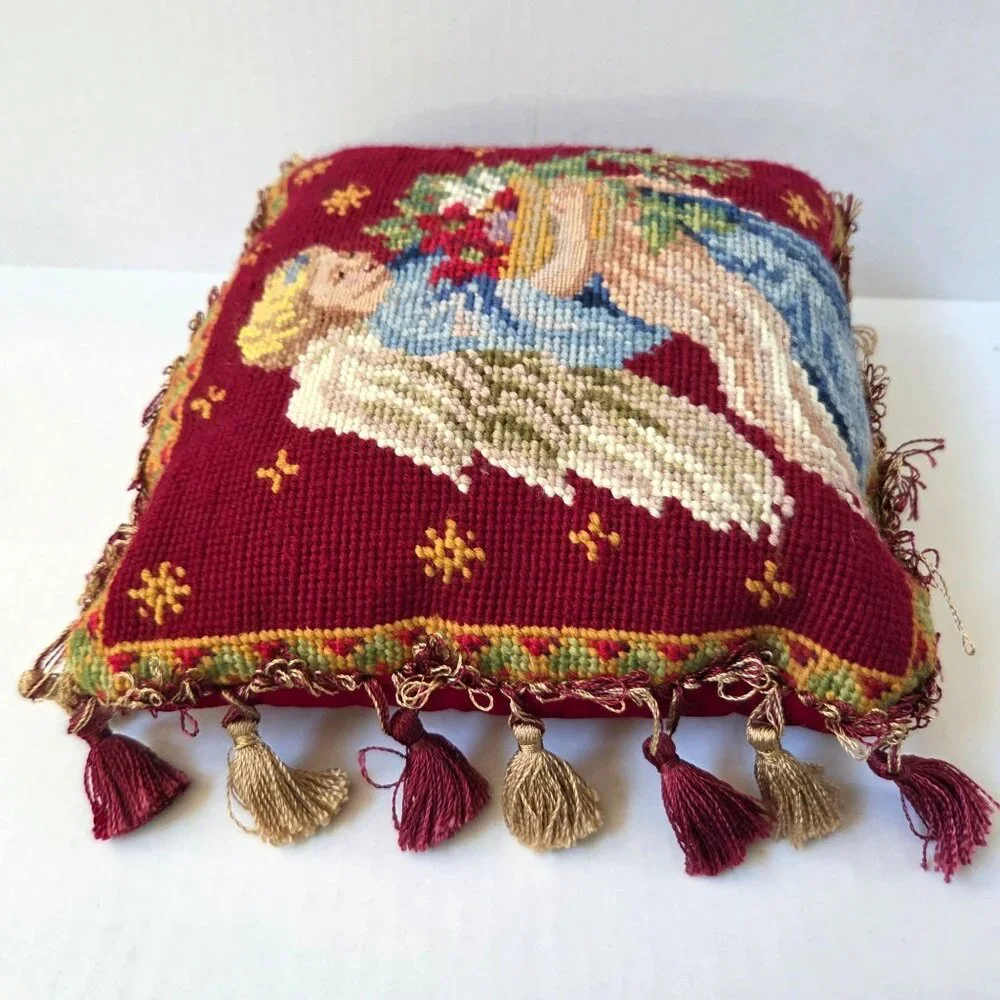 Christmas Needlepoint Pillow Angel Petit Point Tassels 9